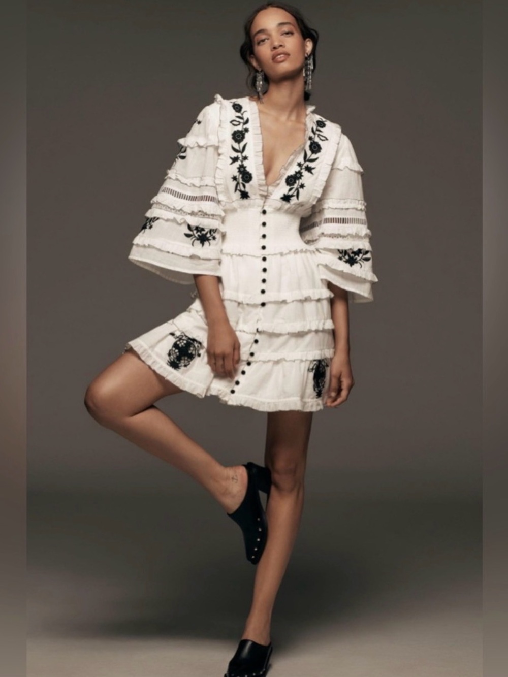 Embroidered V-Neck Ruffled Mini Dress by Anthropologie size X-Small